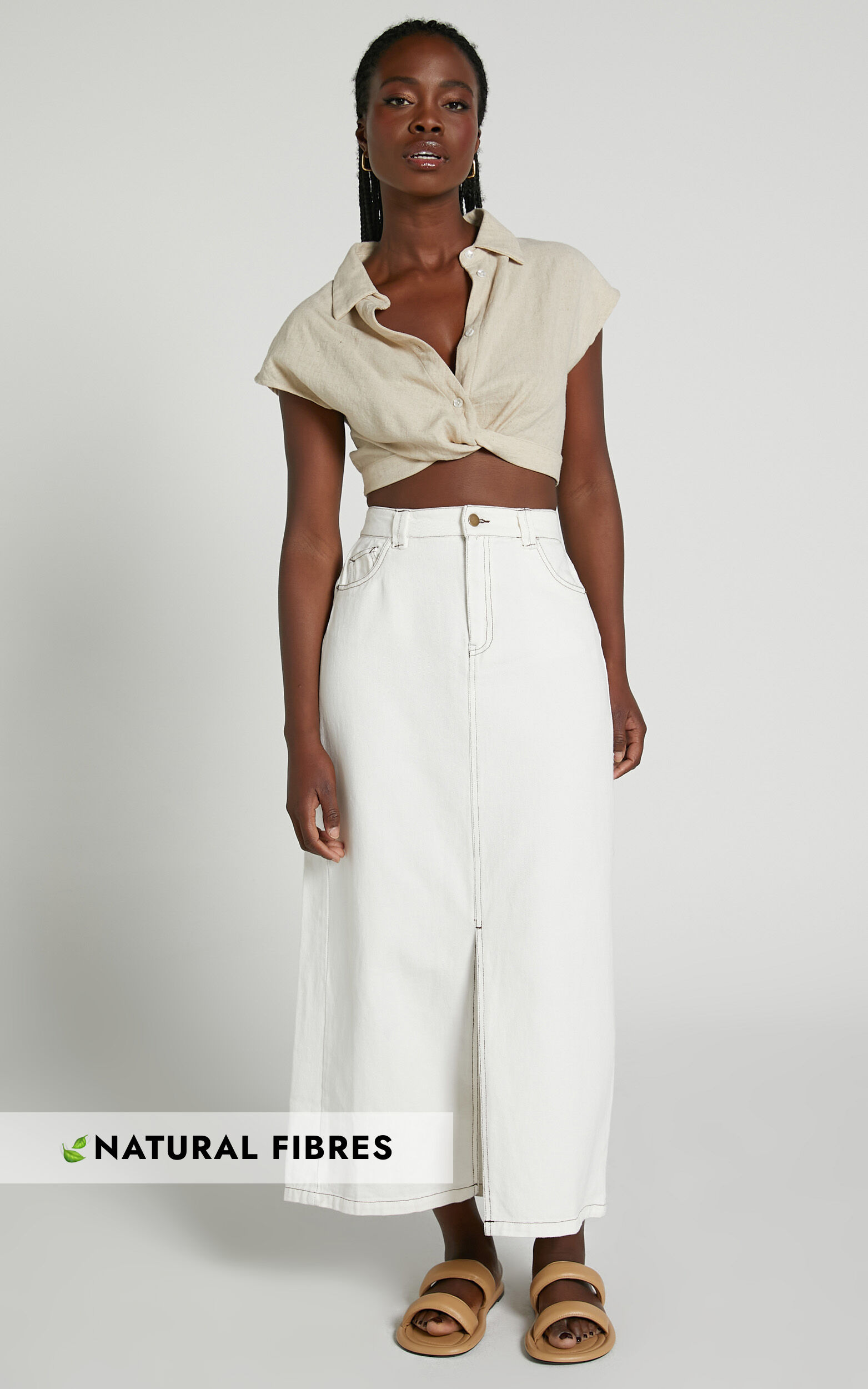 Ethan Midi Skirt Front Split Denim Skirt in White Showpo NZ