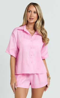 Ramona Top - Linen Short Sleeve Shirt in Pink