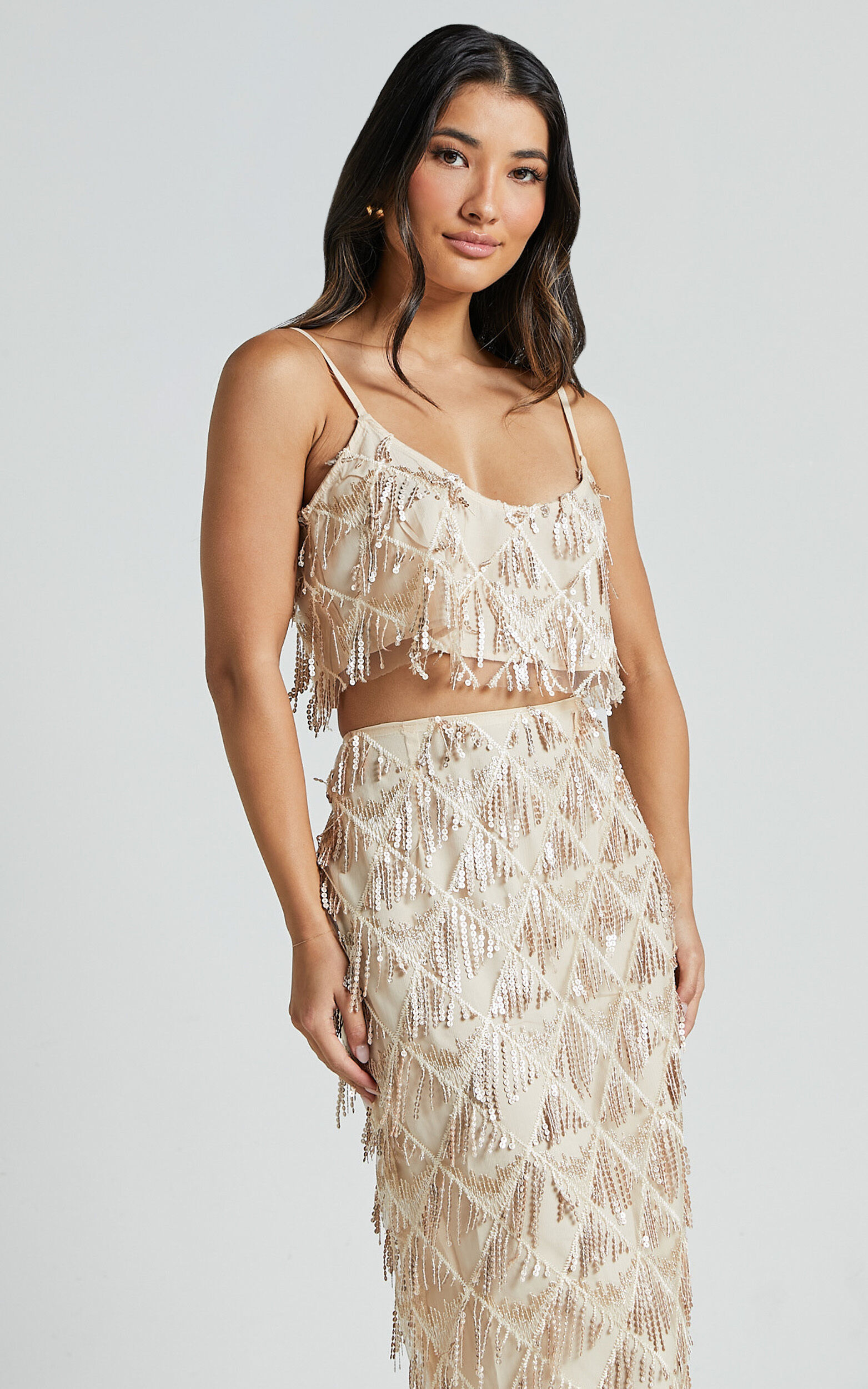 High waisted sequin midi skirt top
