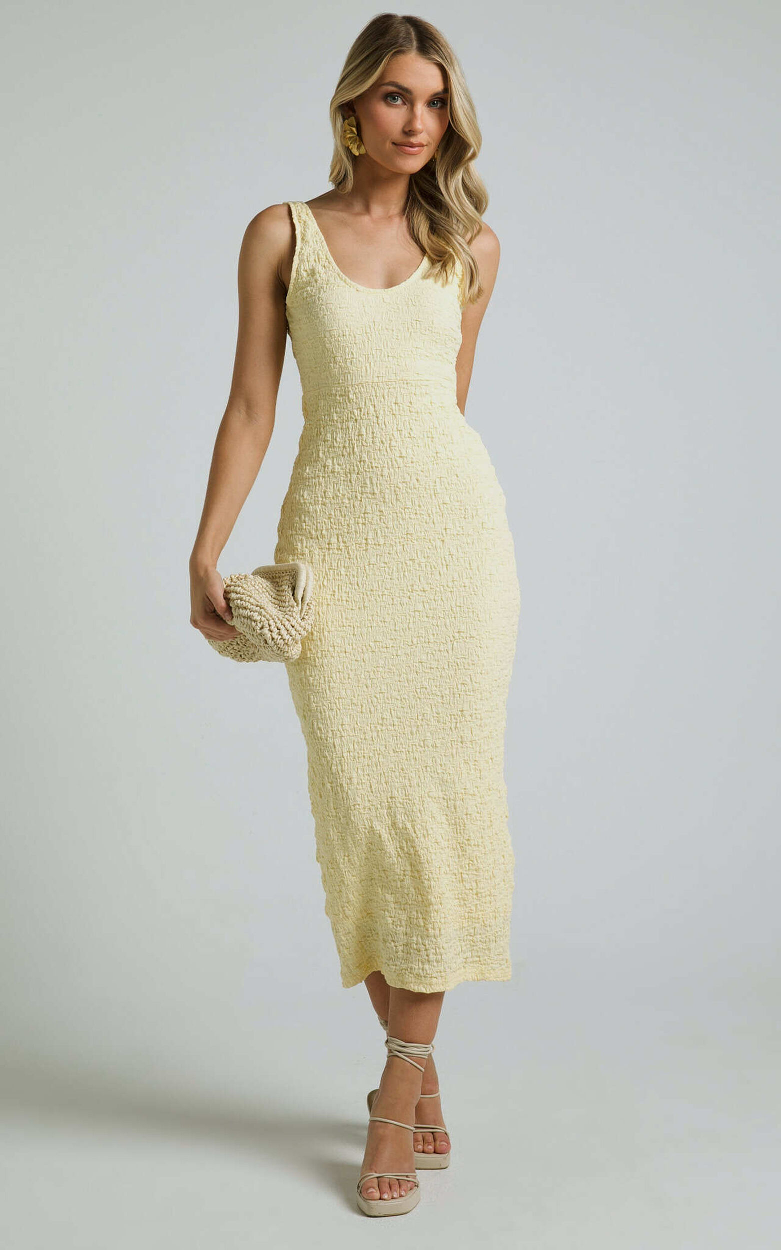 Novida Midi Dress - Textured Bodycon Dress in Butter Yellow - 04, YEL1