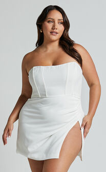 Bonne Mini Dress - Strapless Corset Side Split Dress in White