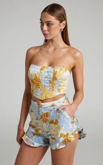 Brailey Shorts - Frill Hem Shorts in Blue & Yellow Jacquard