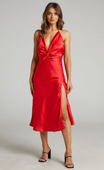 Florentina Midi Dress - Twist Front Open Tie Back Dress in Red