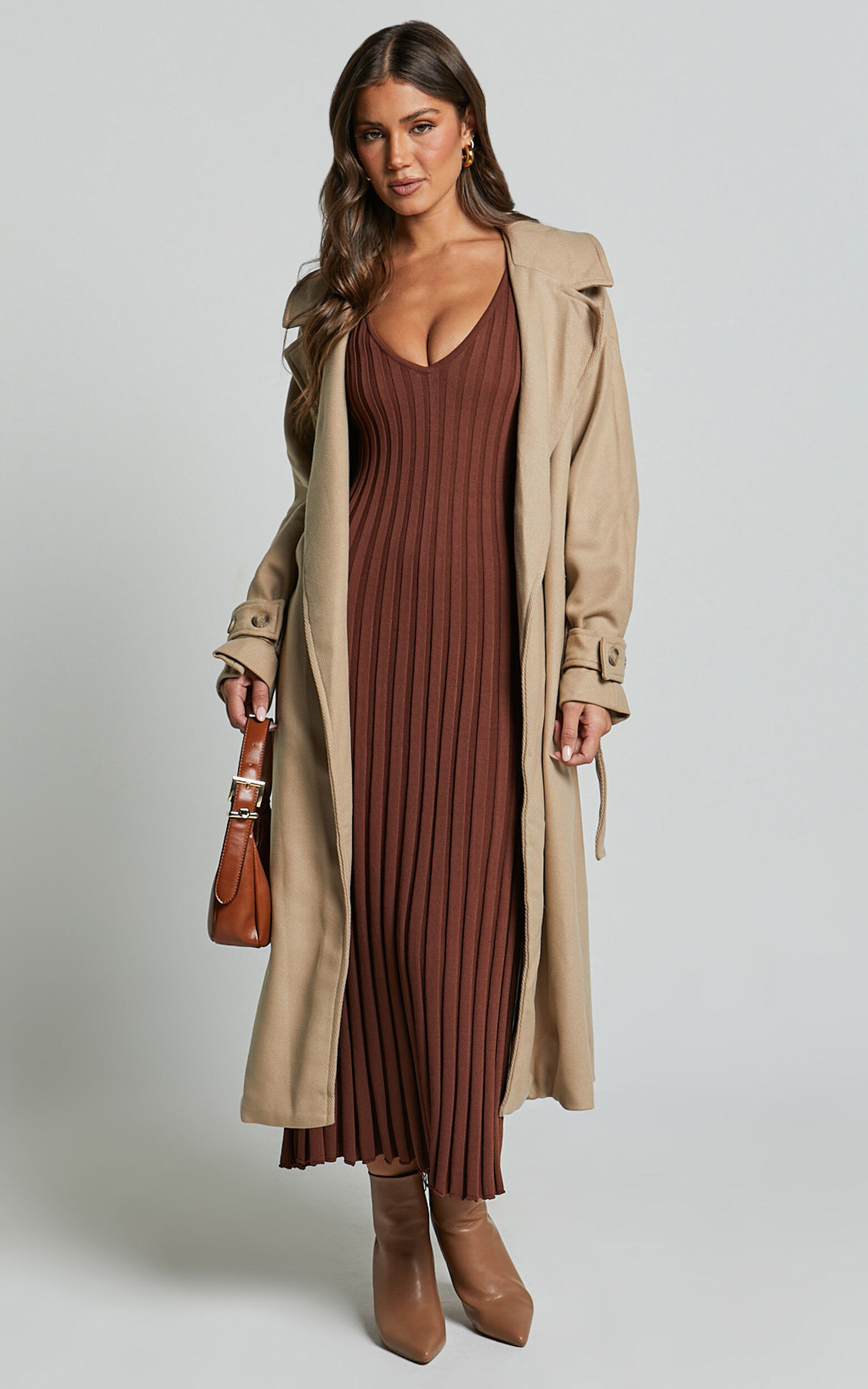 Maya Midi Knit Dress - Sleeveless V Neck Knited Dress in Dark Chocolate | Showpo