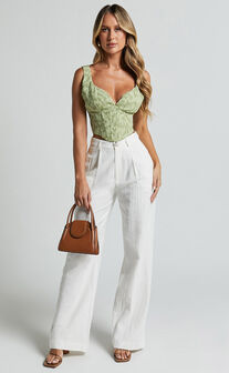 Haylee Top - Plunge Sweetheart Neck Jacquard Corset Top in Sage Floral