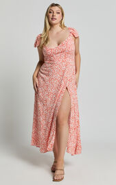 Donissa Midi Dress - Thigh Split Flutter Sleeve Dress in Orange Floral ...