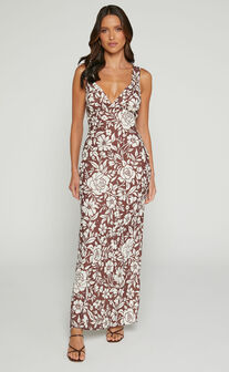 Mauriel Midi Dress - Deep V Gathered Bust Slip Dress in Brown Floral