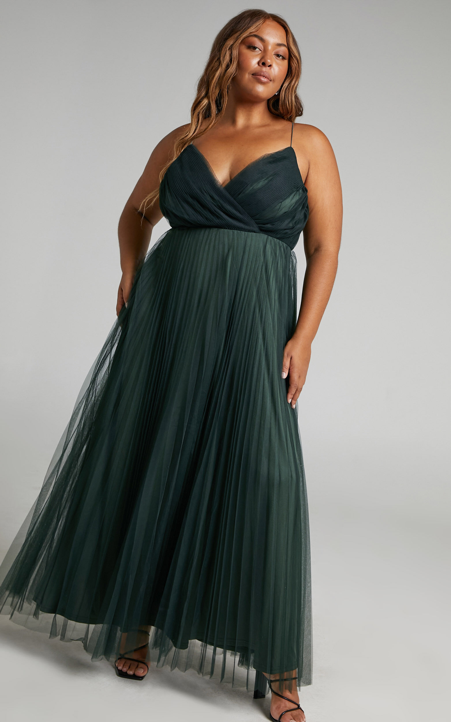 Allany Maxi Dress Faux Wrap Bodice Pleated Tulle Dress in Emerald