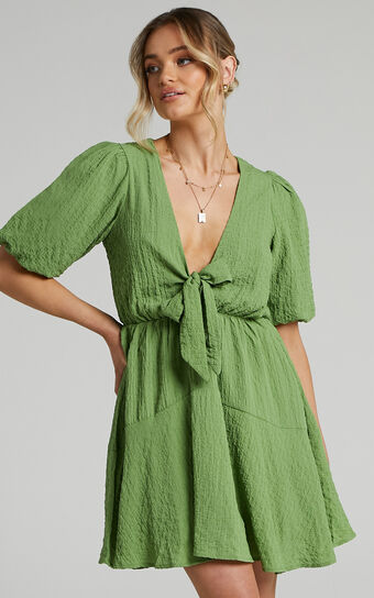 Rosalei Mini Dress - Puff Sleeve Tie Front Dress in Green