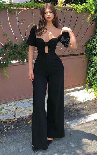 Maja Jumpsuit - Front Tie Off Shoulder Jumpsuit in Black
