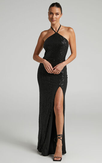 Chezzale Maxi Dress - Diamond Halter Sequin Dress in Black
