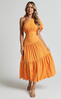 Ciara Midi Dress - One Shoulder Short Puff Sleeve Tiered Dress in Mango