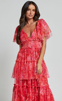 Leianna Midi Dress - Tulle Flutter Sleeve Tiered Ruffle Dress in Sunset Floral