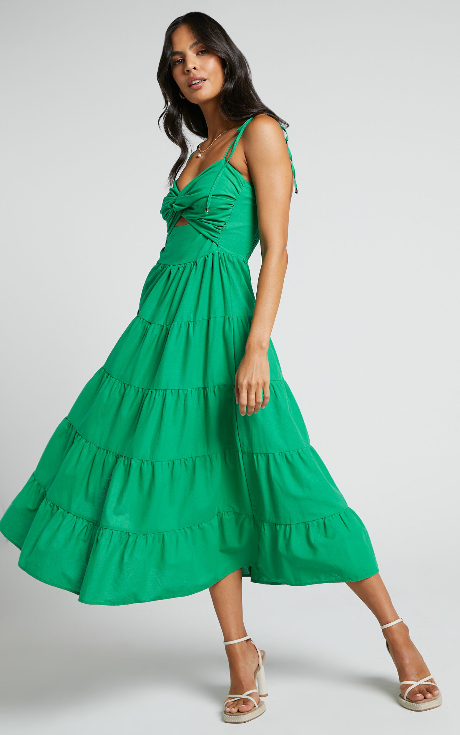 Leticia Midi Dress - Twist Front Tie Strap Tiered Dress in Green