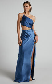 Brody Maxi Dress - Side Cut Out One Shoulder Dress in Steel Blue ...
