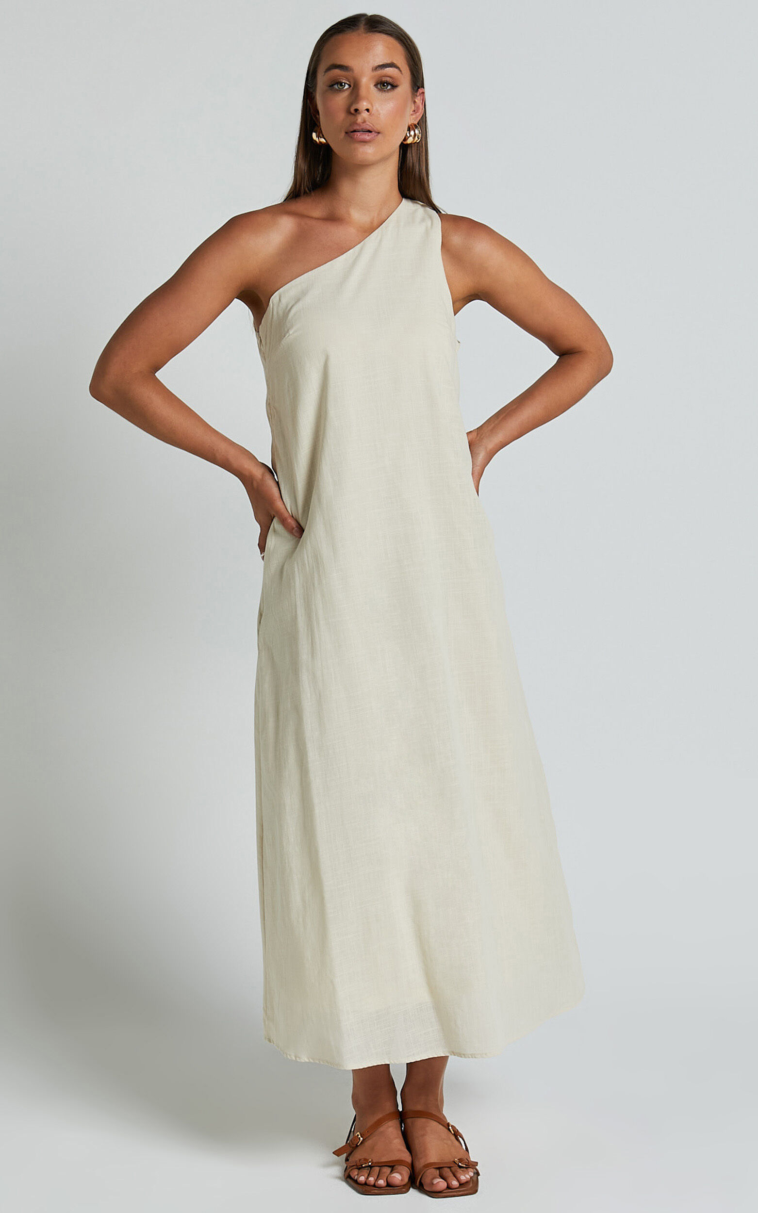 One shoulder linen dress outlet