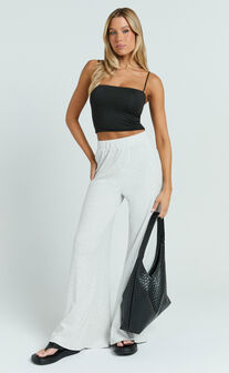 Amalthea Pants - High Waisted Jersey Rib Wide Leg Pants in Light Grey Marl