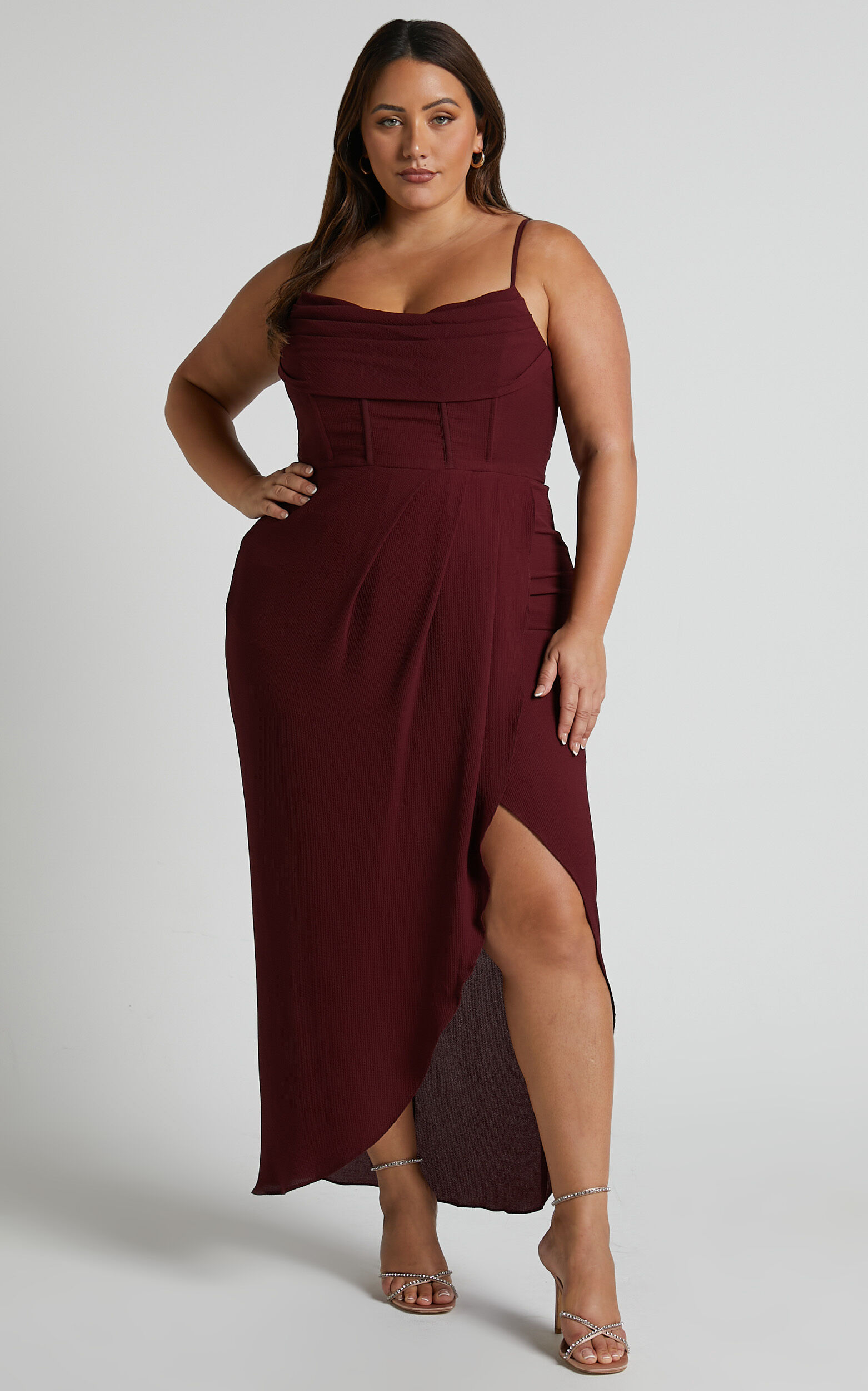 Andrina Midi Dress High Low Wrap Corset Dress in Wine