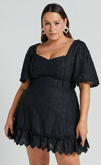 Fancy A Spritz Mini Dress - Square Neck Dress in Black Embroidery