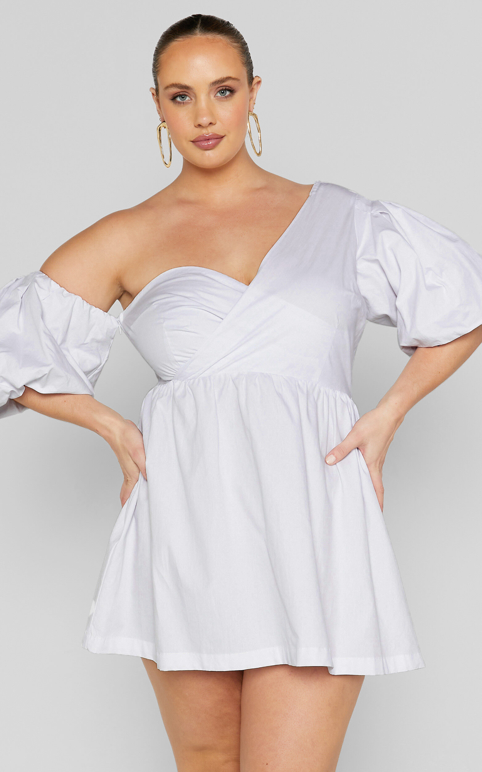 Sula Mini Dress - Asymmetric Off One Shoulder Puff Sleeve