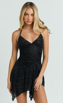 Joel Mini Dress - Jersey Halter Neck Asymmetric Hem Dress in Black