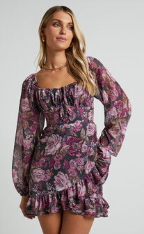 Grizela Mini Dress - Gathered Bust Long Sleeve Dres in Harvest Floral