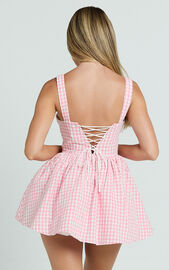 Caitlin Mini Dress - Gingham Square Neck Fit And Flare Dress in Pink ...