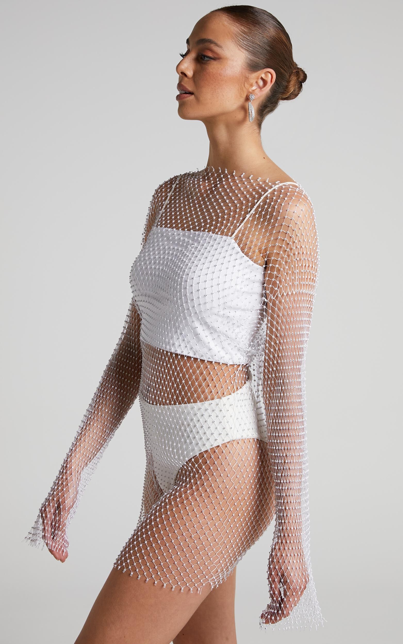 White mesh long hot sale sleeve dress