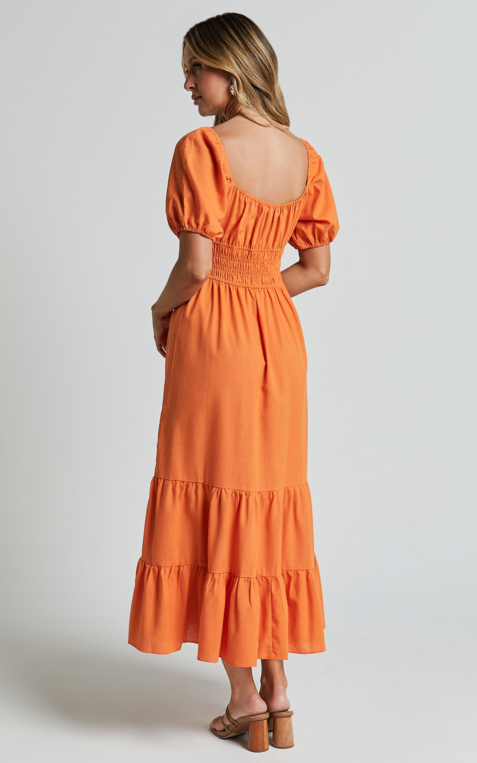 Claritza Midi Dress - Linen Look Short Puff Sleeve Square Neck Tiered Dress in Sherbert | Showpo USA