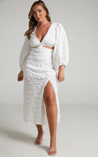 Tabatha Midi Dress - Puff Sleeve Cut Out Dress in White Check