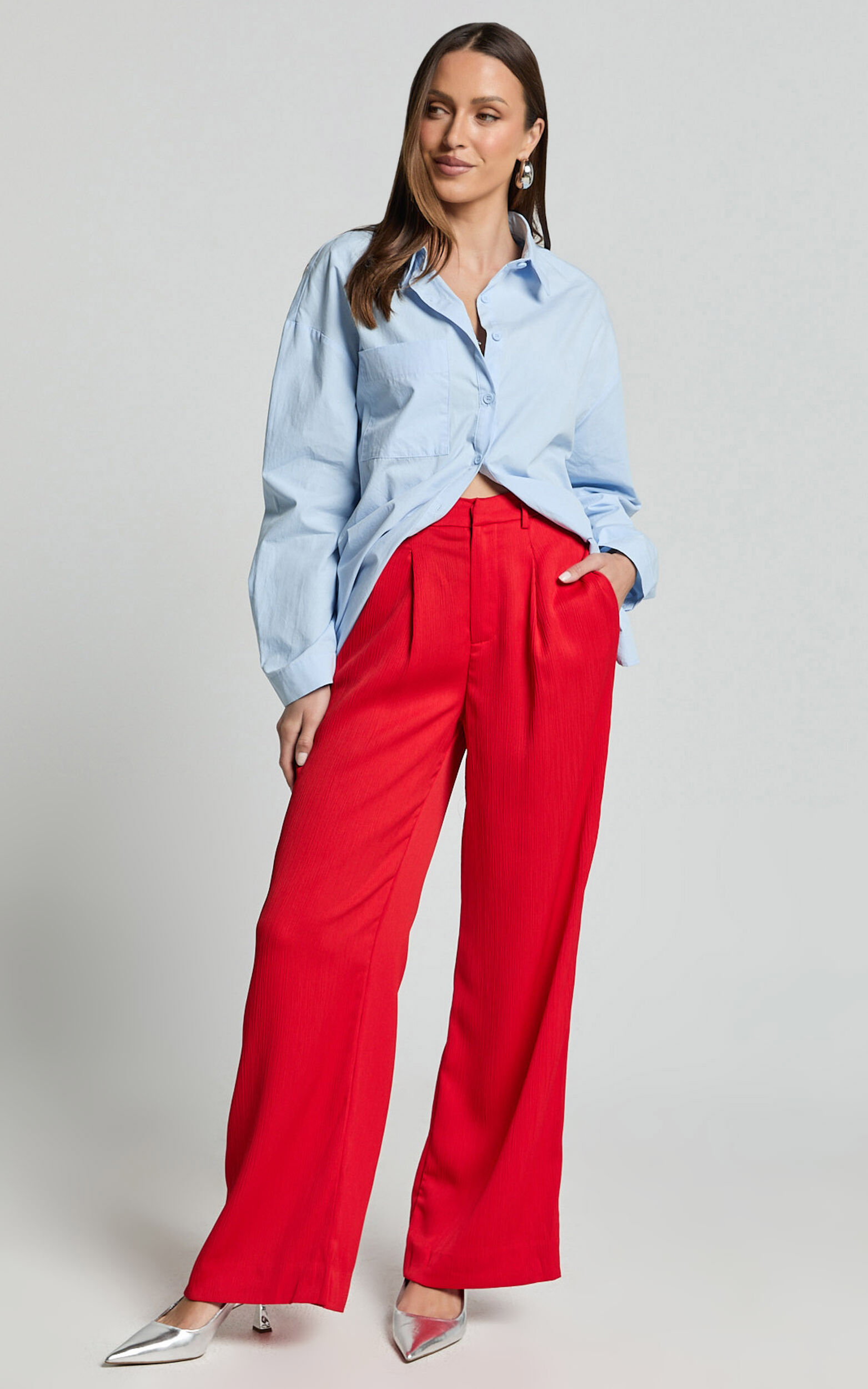 Jacie Pants - High Waisted Relaxed Textured Pants in Red - 06, RED1