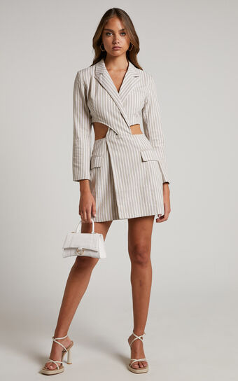 Romlene Blazer Dress - Linen Look Cut Out Mini Blazer Dress in Natural Stripe