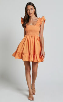 Brynlee Mini Dress - Elastic Chest Flutter Sleeve Hem Dress in Mandarin