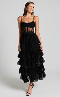 Evelynn Maxi Dress - Sweetheart Corset Bodice Fit & Flare Tiered in Black