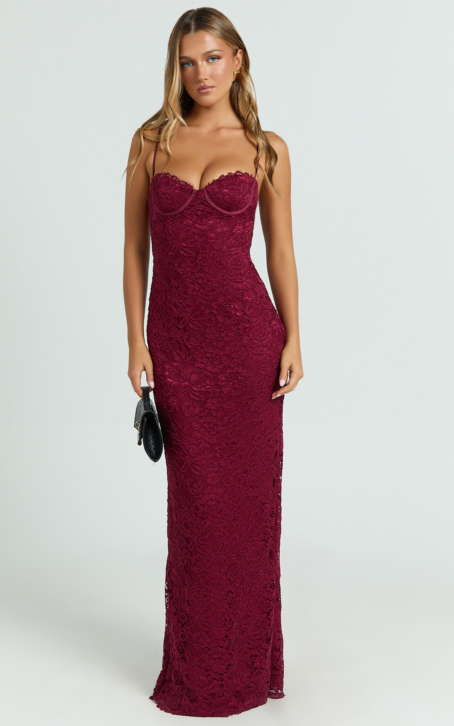 Carli Maxi Dress - Adjustable Strap Corset Bodycon Lace Dress in Wine - 06, WNE1