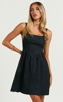 Rhaziya Mini Dress - Sleeveless Straight Neck Fit and Flare Dress in Black