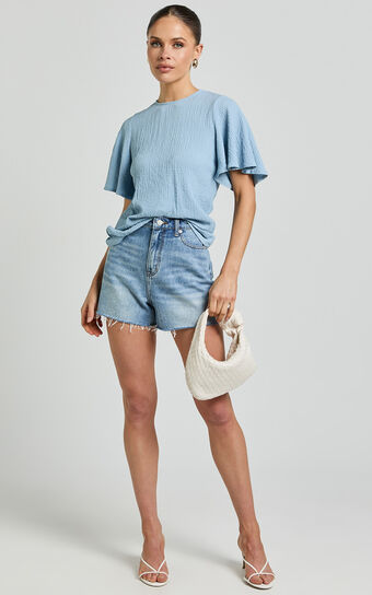 Enzo Top - Flutter Sleeve Scoop Neck Top in Blue