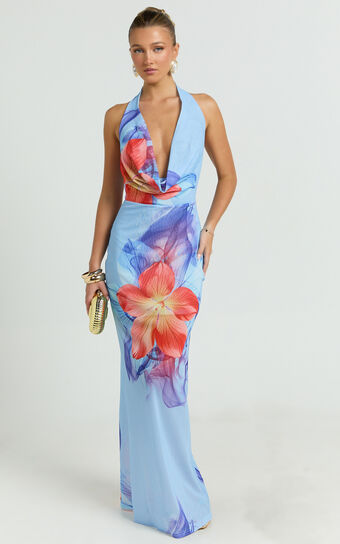 Larissa Maxi Dress - Mesh Low Cowl Halter Neck Bodycon Dress in Electric Orchid