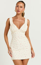 Amalea Mini Dress - Wide Strap Ruched Bust Dress in Lemon Floral | Showpo USA