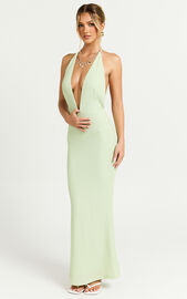 Ada Maxi Dress - Halter Plunge Textured Jersey Open Back Dress in Green ...