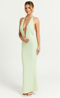 Ada Maxi Dress - Halter Plunge Textured Jersey Open Back Dress in Green