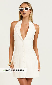 Sammie Mini Dress - Backless Halter Neck Linen Dress in Off White