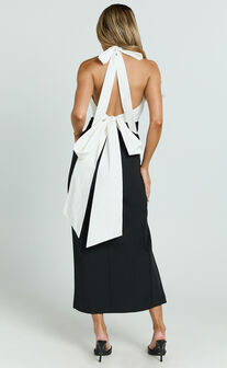 Kaitlin Midi Dress - Contrast Halter Plunge Tie Back Fitted Dress in Black