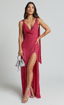 Malisha Maxi Dress - Sequin Cowl Neck Backless Dress in Pink
