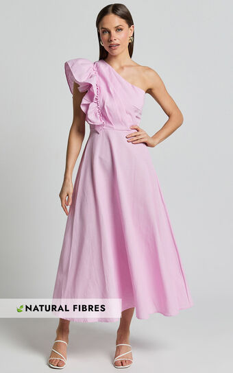 Dixie Midi Dress - Linen Look One Shoulder Ruffle Dress in Pink