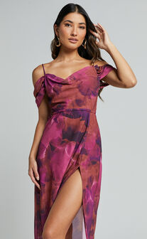 Keira Midi Dress - Draped Off the Shoulder Dress in Electric Cloud - Purple