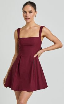 Ida Mini Dress - Wide Strap Straight Neck  bow back dress in Berry