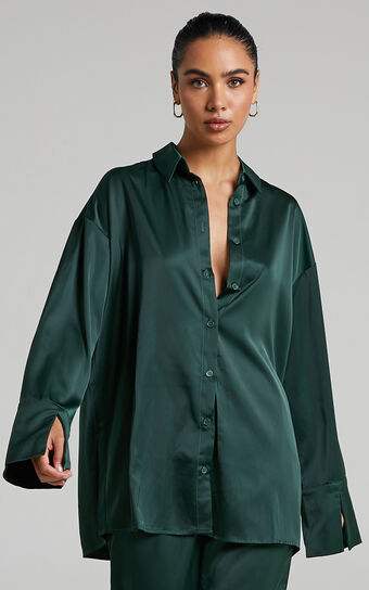 4th & Reckless - Elina Satin Shirt in Forest Green