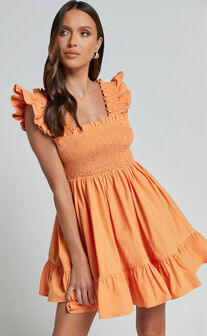 Brynlee Mini Dress - Elastic Chest Flutter Sleeve Hem Dress in Mandarin