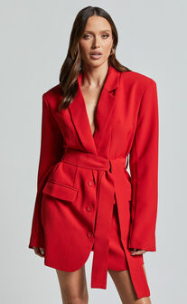 Denali Mini Dress - Tie Waist Blazer Dress in Ruby Red